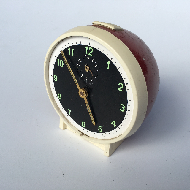 CLOCK, Alarm - 1960s Red, Cream, Black